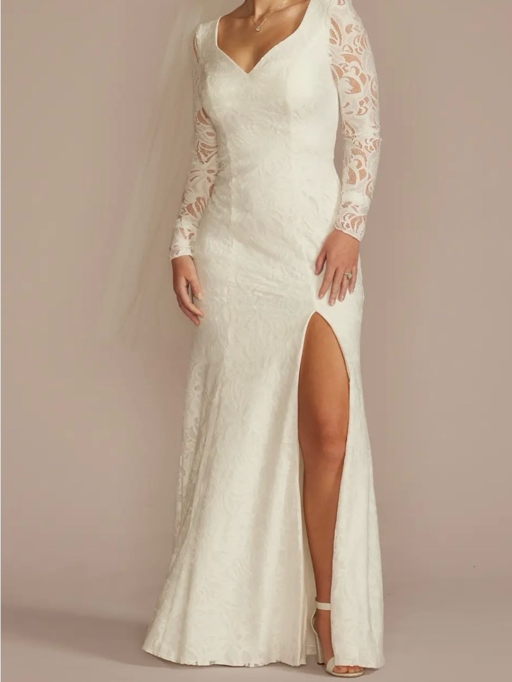 Long Sleeve Ivory Lace V-Neck Wedding Dress with Thigh Slit